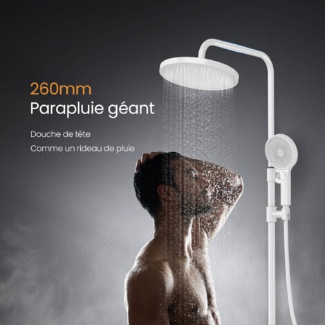 EMKE Colonne de douche Thermostat, avec 40 x 13.5 cm étagère, ensemble de douche avec douchette, 3 types de jets, Blanc