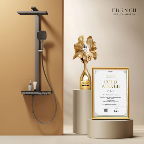 EMKE Colonne de Douche Thermostatique avec Débit Réglable, Grande Douchette de tête 36x24 cm et 4 Modes Pommeau de Douche à Main, Certification KTW, Gris métal
