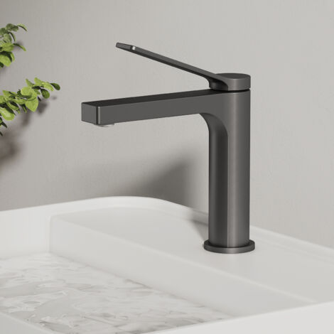 EMKE Robinet Salle de Bain, Robinet de lave-mains, avec Aérateur et Flexibles de 90 mm, Laiton, Cartouche Céramique, Anthracite Mat (1/5)
