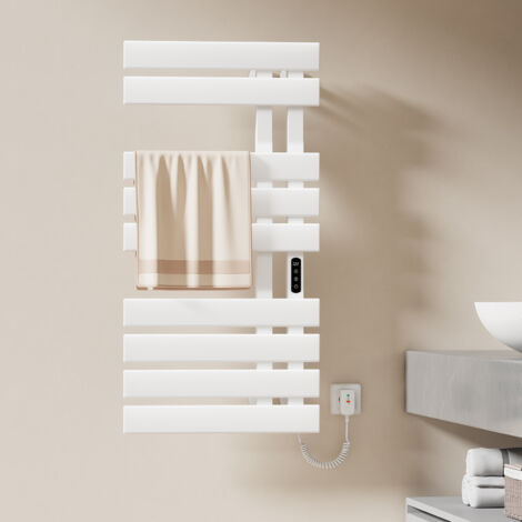 EMKE Sèche-serviette électrique avec élément chauffant thermostat température réglable minuterie LCD tactile, Porte-serviettes Tube plat Droite, 1000 x 500 mm Blanc (1/5)