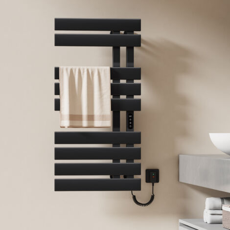 EMKE Sèche-serviette électrique avec élément chauffant thermostat température réglable minuterie LCD tactile, Porte-serviettes Tube plat Droite, 1000 x 500 mm Noir (1/5)
