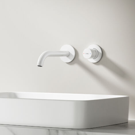 EMKE Robinet lavabo mural, Robinet de lavabo Type caché Convient pour le montage mural, Robinets de salle de bain, Corps en Laiton, Blanc mat (1/5)