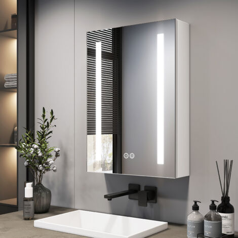 EMKE Armoire à miroir LED 1 Porte, Charnières Gauche, luminosité réglable, Anti-Buée, Prises USB, 70x50cm