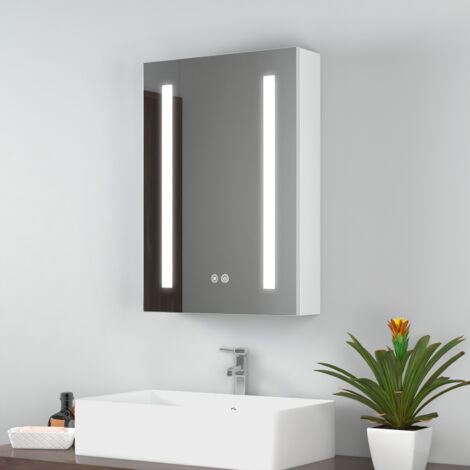EMKE Armoire à miroir LED 1 Porte, Charnières Gauche, luminosité réglable, Anti-Buée, Prises USB, 60x40cm