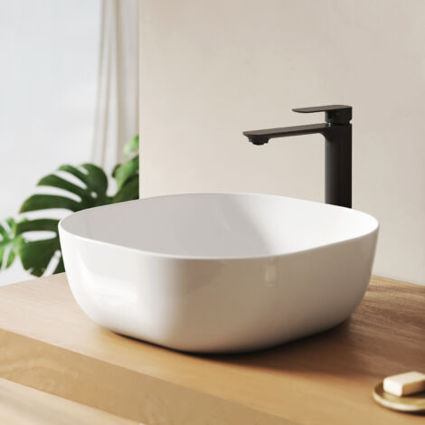EMKE Lavabo à poser en céramique, Vasque pour salle de bain sans trou de robinet, 415x415x145 mm Blanc