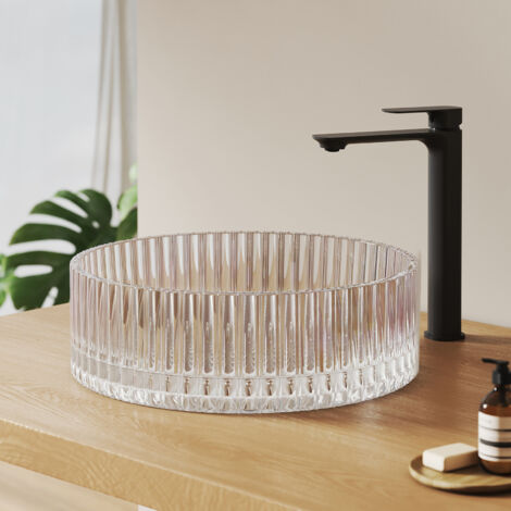 EMKE Lavabo à poser en verre cristal, Vasque pour salle de bains Rond sans trou de robinetterie, 400x400x120 mm Irisé (1/5)