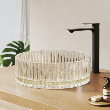 EMKE Lavabo à poser en verre cristal, Vasque pour salle de bains Rond sans trou de robinetterie, 400x400x120 mm Or Champagne