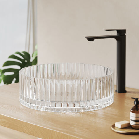 EMKE Lavabo à poser en verre cristal, Vasque pour salle de bains Rond sans trou de robinetterie, 400x400x120 mm Transparent