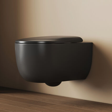EMKE WC Suspendu Sans Bride Céramique 55 cm, Chasse Spin 360° et Abattant Soft-Close à Déclipsage Rapide, Noir Mat