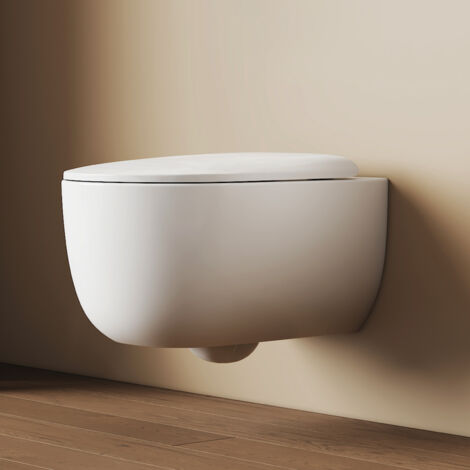 EMKE WC Suspendu Sans Bride Céramique 55 cm, Chasse Spin 360° et Abattant Soft-Close à Déclipsage Rapide, Blanc