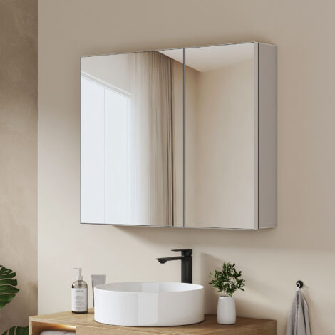 EMKE Armoire à miroir de salle de bain 65×80cm, Armoire miroir de salle de bain double porte avec étagères en verre réglables, Poignées dissimulées, Rangement au dos des portes
