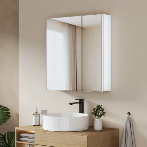 EMKE Armoire à miroir de salle de bain 65×60cm, Armoire miroir de salle de bain double porte avec étagères en verre réglables, Poignées dissimulées, Rangement au dos des portes