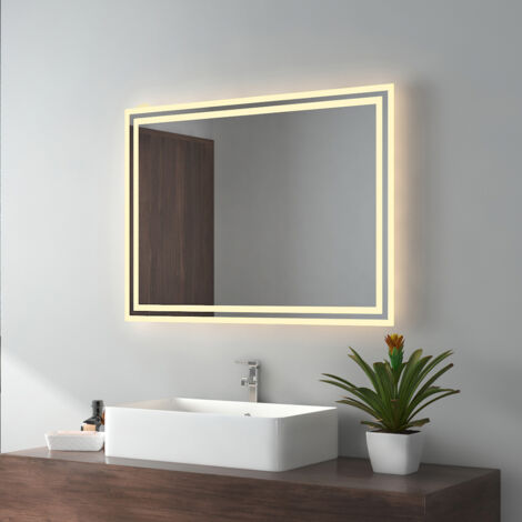 EMKE Miroir de salle de bain 80x60cm, Miroir LED avec Interrupteur à bouton, Anti-buée, Miroir avec éclairage lumière Blanche Froide/Chaude