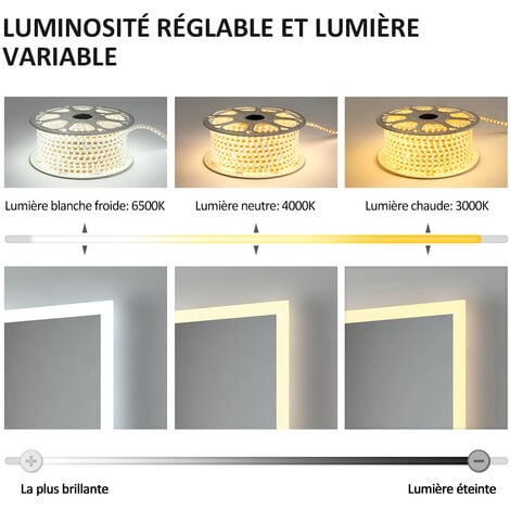 EMKE Miroir de salle de bain avec éclairage Miroir de salle de bain LED 100x60cm  Interrupteur Tactile  Lumière Blanche Froide/Chaude/Neutre