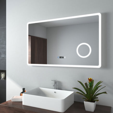 EMKE Miroir de salle de bain LED avec Loupe 3 Fois 100x60cm  Loupe 3x, Interrupteur Tactile, Horloge  Lumière Blanche Froide/Chaude/Neutre