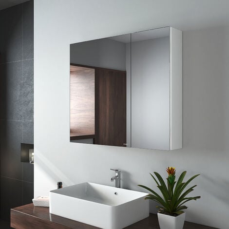 EMKE Armoire à miroir avec miroir poignée invisible Armoire miroir de salle  de bain avec étagères en verre réglables en hauteur 75×65cm Blanc