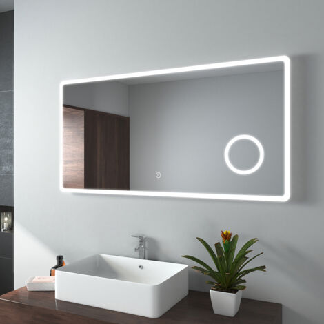 EMKE Miroir de salle de bain LED avec Loupe 3 Fois 120x60cm Loupe 3x, Interrupteur Tactile Lumière Blanche Froide