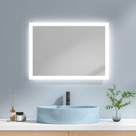 EMKE Miroir de salle de bain avec éclairage Miroir de salle de bain LED 70x50cm Interrupteur à bouton, Anti-buée Lumière Blanche Froide/Chaude