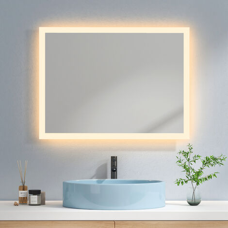 EMKE Miroir de salle de bain avec éclairage Miroir de salle de bain LED 80x60cm Lumière Chaude