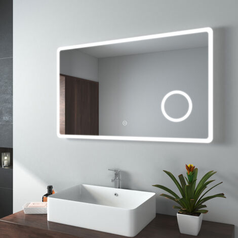 EMKE Miroir de salle de bain LED avec Loupe 3 Fois 100x60cm Loupe 3x, Interrupteur Tactile Lumière Blanche Froide