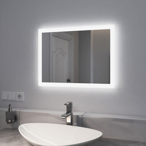EMKE Miroir de salle de bain avec éclairage Miroir de salle de bain LED 60x45cm Interrupteur à bouton, Anti-buée Lumière Blanche Froide/Chaude