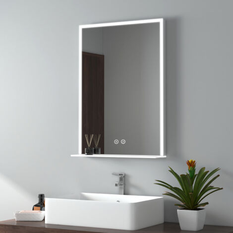 EMKE Miroir lumineux salle de bain 70x50cm avec étagère en verre, Miroir LED avec Interrupteur Tactile, Anti-buée, Miroir avec éclairage Lumière Blanche Froide
