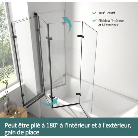 EMKE Pare-baignoire pivotant Paroi de douche pour baignoire 6mm Nano glass  Noir mat - 100x140cm