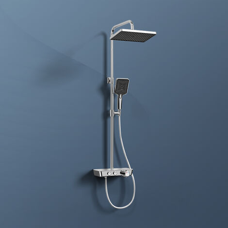 EMKE Colonne de douche thermostat, douchette à 3 puissances de jet, jet cascade, set de colonne de douche, set de douche avec étagère en verre, Certification KTW, Chrome (1/5)