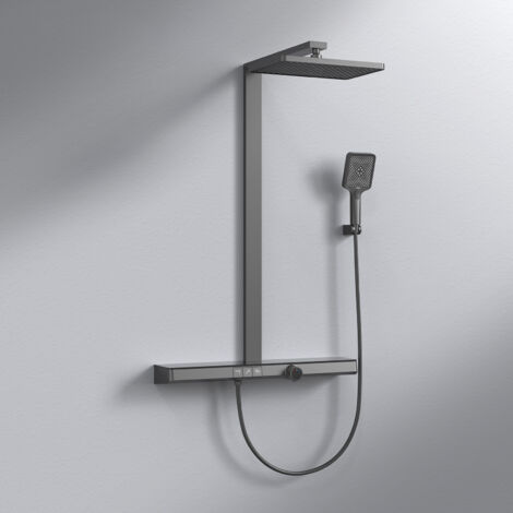 EMKE Colonne de Douche Theramostat 38°C verrouillage de sécurité douche de pluie avec mitigeur, bec cascade, douchette à main 3 jets, avec tablette extra large, homologué KTW, Noir matt