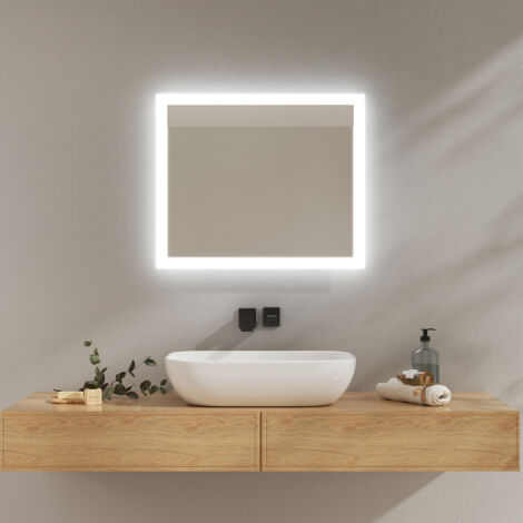EMKE Miroir lumineux salle de bain 60x50cm, Miroir LED avec Interrupteur à bouton, Anti-buée, Miroir avec éclairage lumière Blanche Froide/Chaude