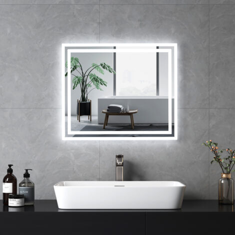 EMKE Miroir salle de bains avec Interrupteur à bouton, Anti-buée, Lumière Blanche Froide/Chaude 60x50 cm
