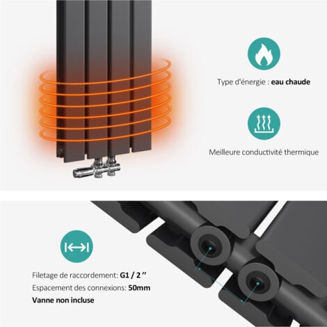 EMKE Radiateur eau chaude en acier, 180x30cm, Tube plat vertical double couche, Convient pour 12,1 m²  Anthracite 911W