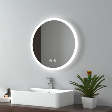 EMKE Miroir de salle de bain rond avec Interrupteur tactile, Anti-buée, Fonction mémoire  50cm diamètre Lumière chaud / Blanc froid / Neutre