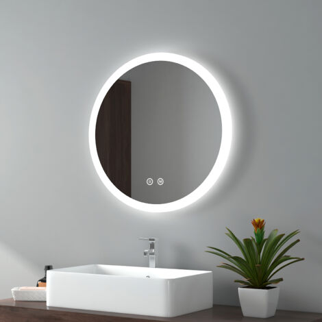 EMKE Miroir de salle de bain rond avec Interrupteur tactile, Anti-buée, Fonction mémoire 60cm diamètre Lumière chaud / Blanc froid / Neutre