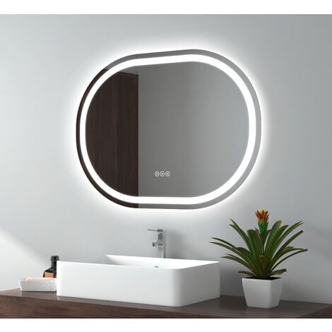EMKE Miroir lumineux de salle de bain avec Interrupteur à bouton,  Anti-buée, deux couleurs claires, 80x60 cm Lumière Blanche Froide/Chaude