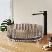 EMKE Lavabo à poser en verre cristal, Vasque pour salle de bains Rond sans trou de robinetterie, 400x400x120 mm Gris Transparent