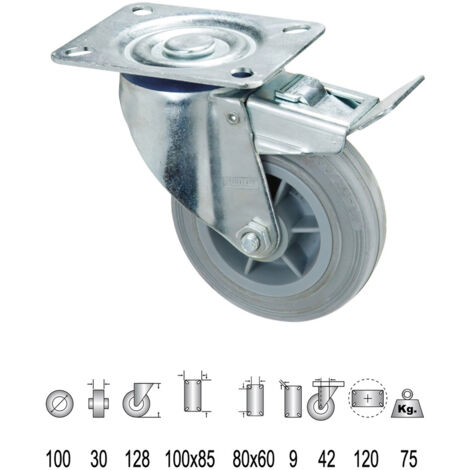 Rueda Industrial Goma Gris Placa con freno 100 mm.