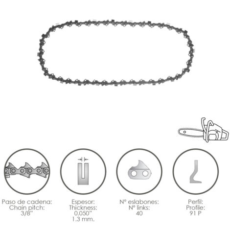 Cadena Motosierra 3/8" / 0.050" 1,3 mm. / 40 Eslabones / 91 P (1/2)