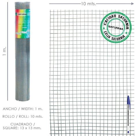 SATURNIA - Malla Electrosoldada Galvanizada 13x13 / Altura 100 cm. Rollo 10 Metros. Uso Domestico