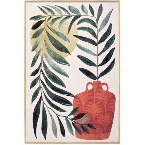 Toile encadrée, feuilles et gargoulette en couleur vert, rouge et doré 91x61cm (1/5)