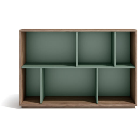 Meuble de rangement, collection NACK (547), bibliothèque étagère à 2 nivaux en mélamine.- noyer velmore-vert