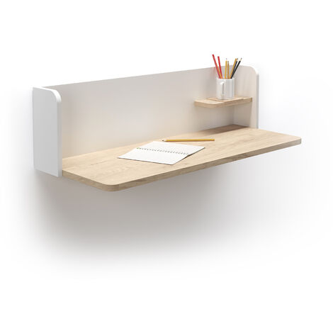 Bureau mural VALENCIA en mélamine chêne clair-blanc – Dimensions 90x35cm – Petite étagère intégrée – Design minimaliste pour petits espaces – Herdasa