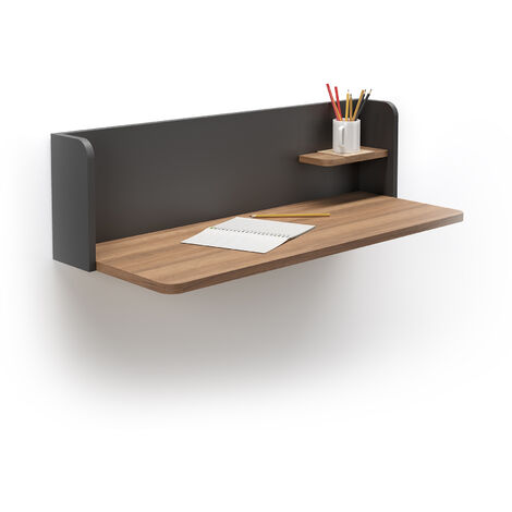 Bureau mural droit en mélamine 90x35cm – Couleur noyer-graphite – Avec étagère intégrée pour rangement – Minimaliste et fonctionnel – Herdasa
