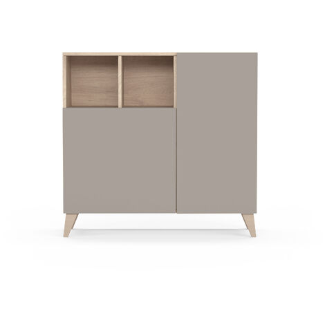 Meuble à chaussures Oslo en mélamine – Chêne avec portes taupe – 5 tablettes inclinables – Capacité 10-12 paires – Dimensions 90x26x87cm – Herdasa