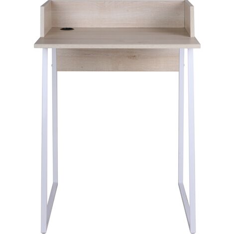 Bureau droit en mélamine chêne clair et métal blanc – Dimensions 60x48x84cm – Orifice de passage de câbles – Style scandinave – Herdasa