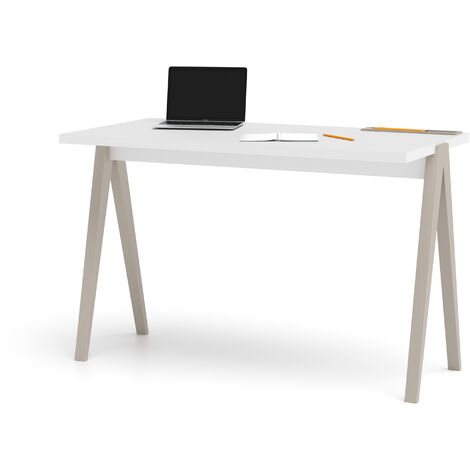 Bureau, modèle 635, collection COLMAR, en mélamine blanc avec pieds et plateau en couleur taupe. (1/4)