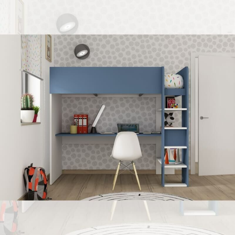 dormitorio 2276 con cama alta y escritorio debajo en Blanco y Azul