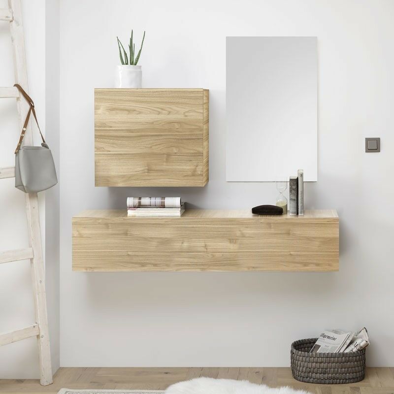 Recibidor con espejo mueble entrada, vestibulo moderno, Blanco Brillo y  Ceniza