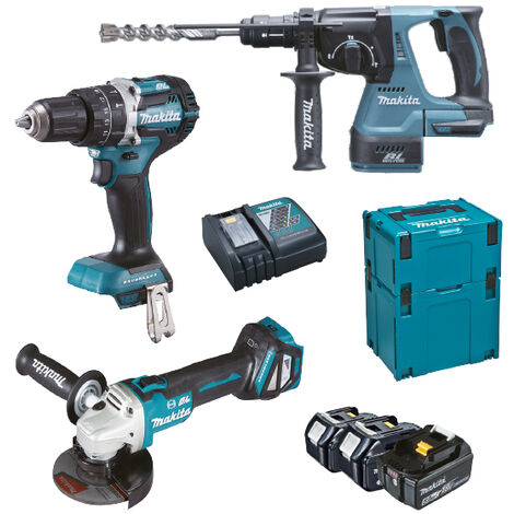 KIT MAKITA DHP484 + DHR243 + DGA513 + 3 BL1850 + DC18RC DLX3119TJ (1/5)