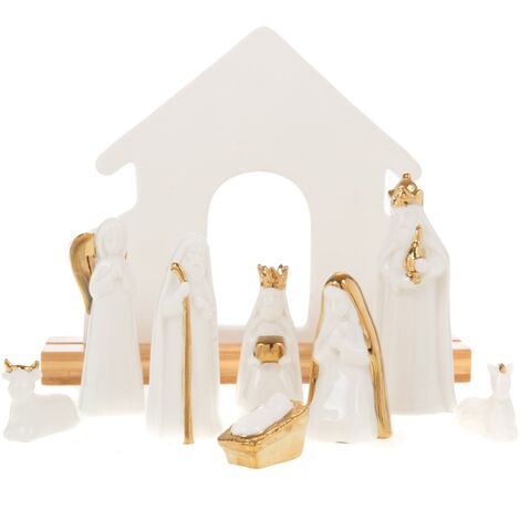 Crèche de Noël en porcelaine blanche et dorée – Dimensions 21x12x40 cm – Décoration traditionnelle pour Noël – Amadeus